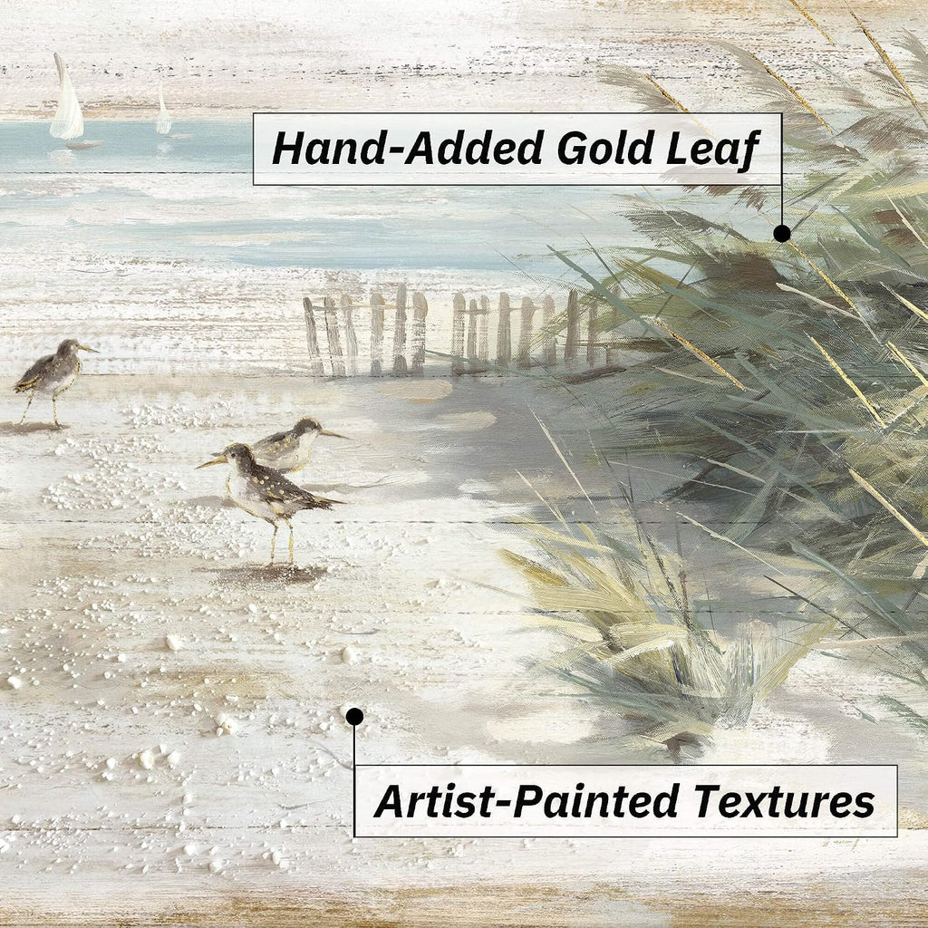 Beach Framed Wooden Wall Art: Coastal Reed Sandpiper Painting Ocean Nautical Perching Bird Picture Seascape Grass Seabirds Artwork Decor for Living Room Bedroom
