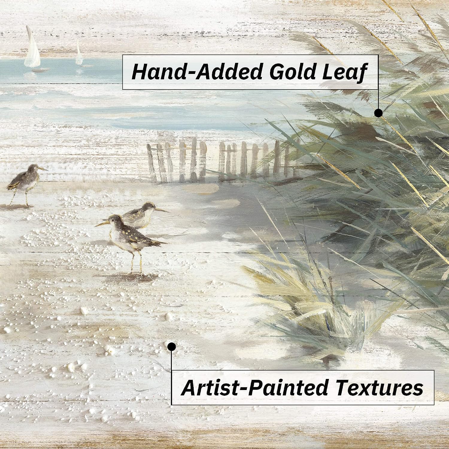 Beach Framed Wooden Wall Art: Coastal Reed Sandpiper Painting Ocean Nautical Perching Bird Picture Seascape Grass Seabirds Artwork Decor for Living Room Bedroom