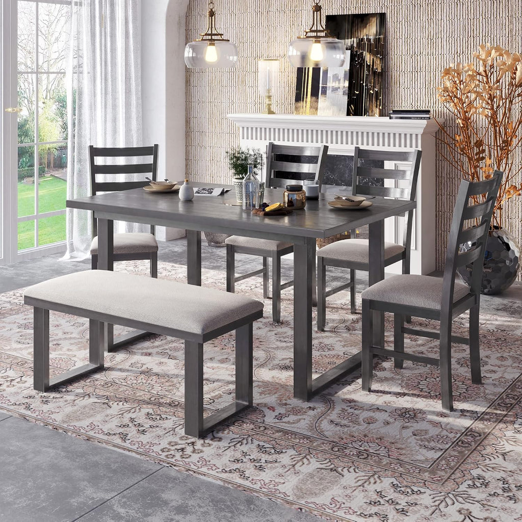 6 Piece Kitchen Dining Table Set with Rectangular Table and Comfortable Cushioned Seat, Farmhouse Rustic Wood Dining Room Set for 4-6 Persons, Dining Set for Family (Gray-1)