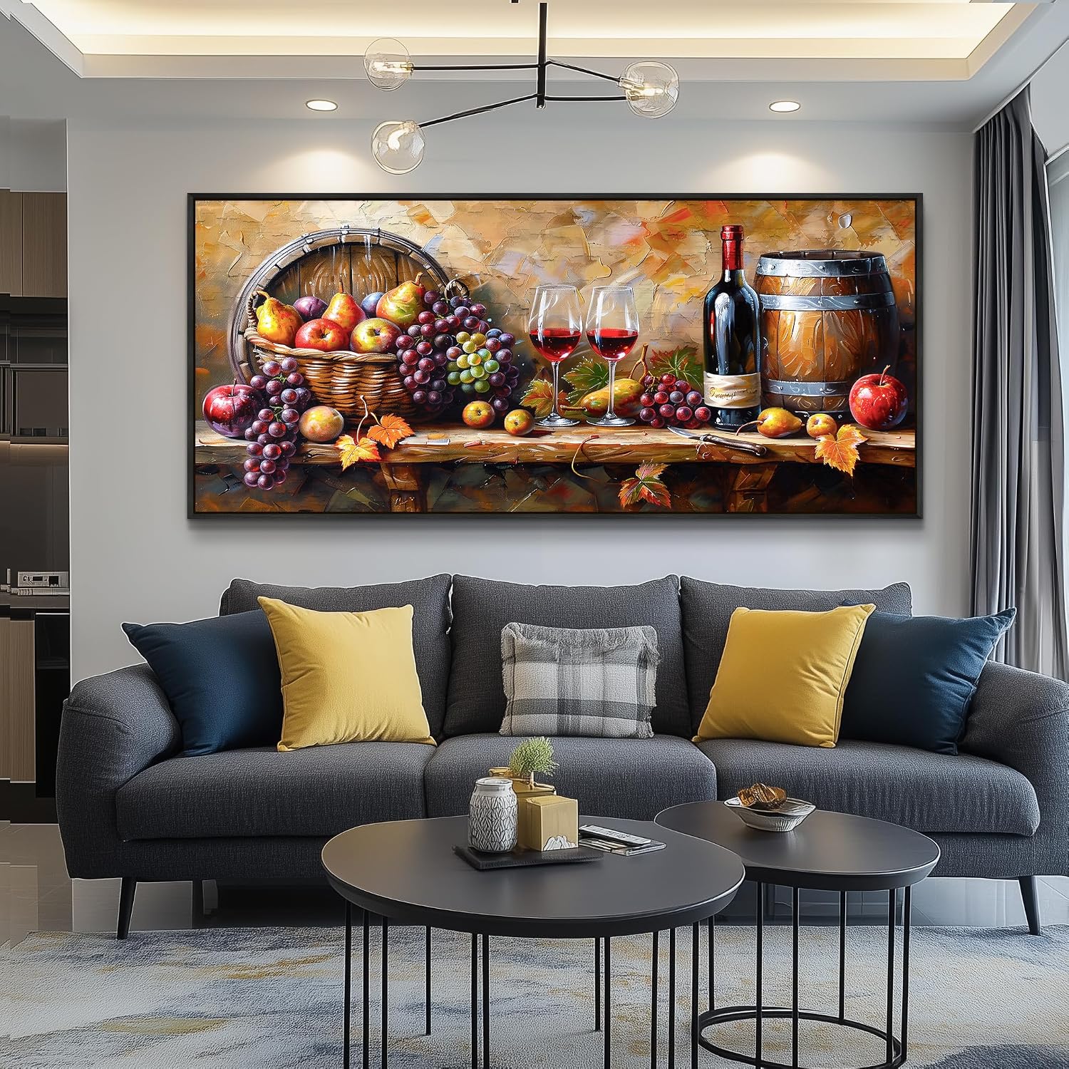 XIGUANGART Large Framed Wall Art for Kitchen, Vintage Food Wine Painting Prints, Rustic Wall Decor Fruit Harvest Pictures for Living Room Dining Room Pub Home Bar Farmhouse Decorations 32x72 In