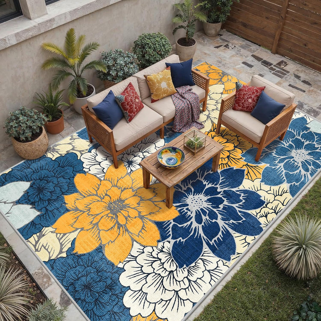 GENIMO Indoor Outdoor Area Rug 10'x14', Machine Washable Rugs for Patio, Waterproof, Non-Slip Easy Cleaning Floral Outdoor Mat Carpet for Living Room, Bedroom, RV, Balcony, Deck, Camping, Navy Blue