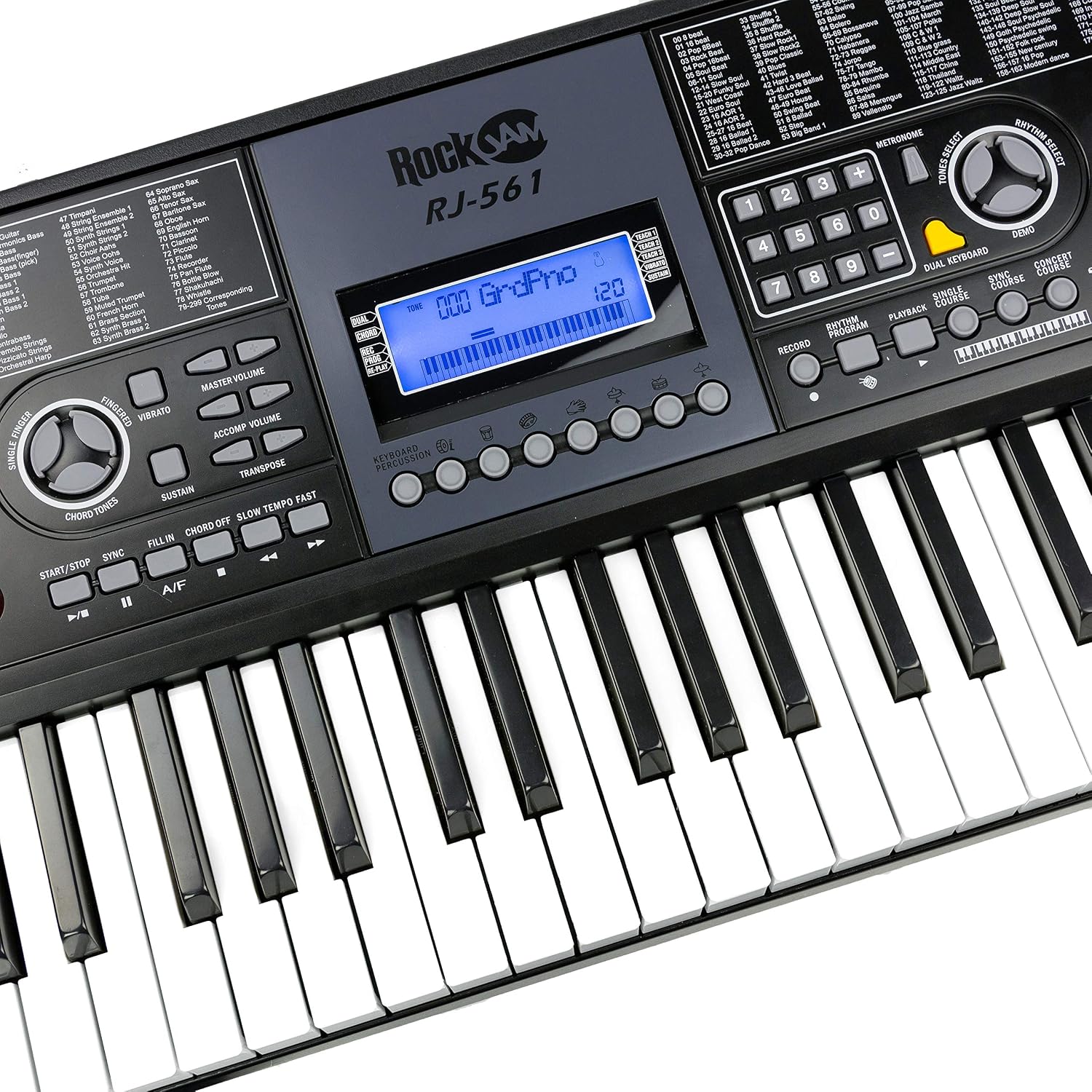 RockJam 61-Key Keyboard Piano Kit with Stand, Stool, Headphones, Keynote Stickers & Lessons