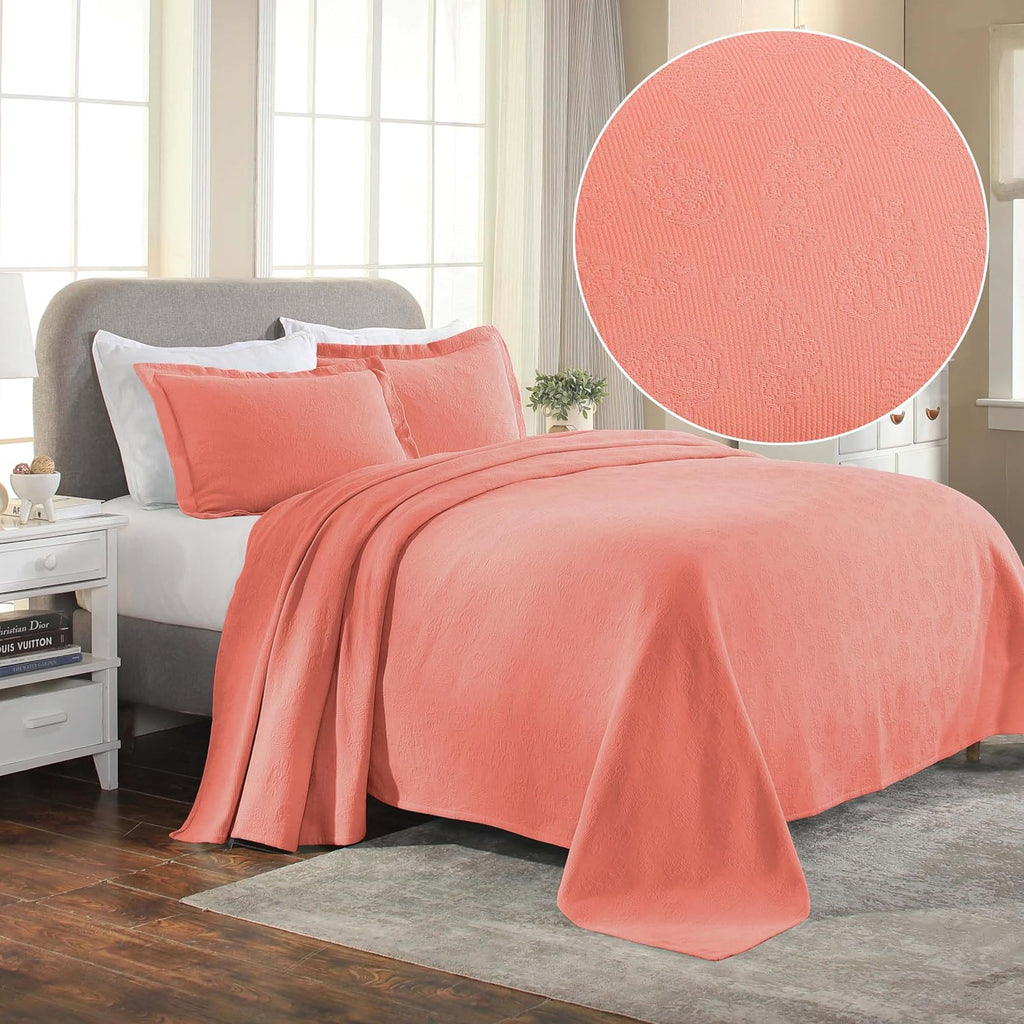Superior Paisley Cotton 3 Piece Bedspread Set, Home Bed Decor, Decorative Textured Bed Spread, 2 Pillow Shams, Airy Blanket, Matelasse Coverlet Bedding, Vintage Floral Design, King, Coral