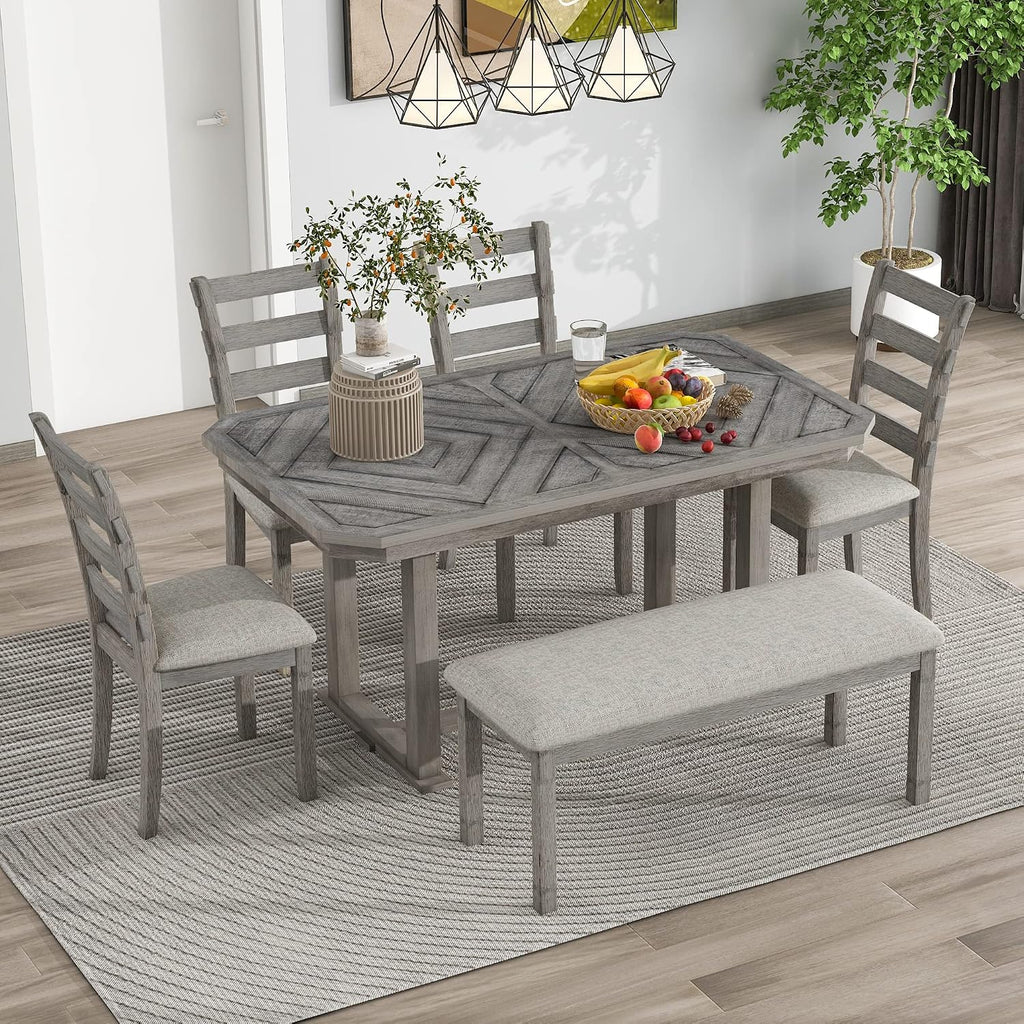 Solid Wood 6-Piece Dining Room Table Set with Beautiful Wood Grain Pattern Tabletop, Rustic Style Kitchen Dining Table Set with 4 Padded Ergonomic Chairs & a Bench (Gray-Grain)