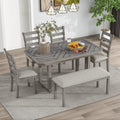 Solid Wood 6-Piece Dining Room Table Set with Beautiful Wood Grain Pattern Tabletop, Rustic Style Kitchen Dining Table Set with 4 Padded Ergonomic Chairs & a Bench (Gray-Grain)