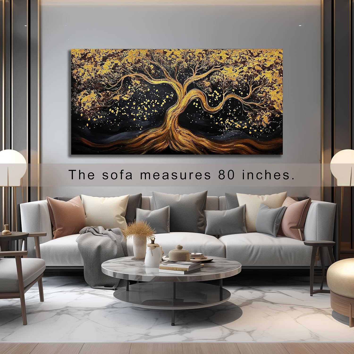 JKWALL77 Tree Of Life Hand Painting Wall Decor For Living Room Black And Gold Wall Decor For Office Tree Huge Canvas Wall Art For Bedroom Size 36 x 72 Inch