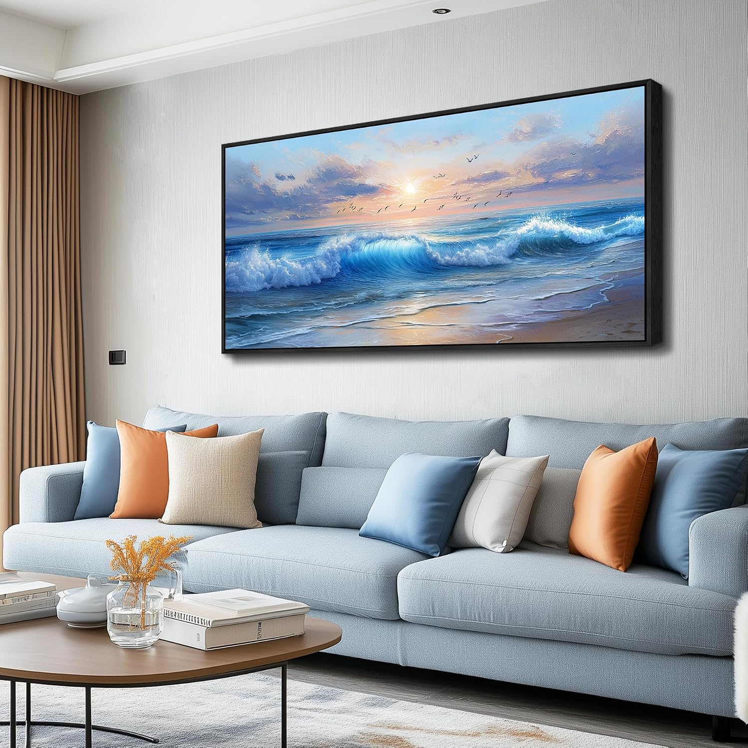 XIGUANGART Ocean Canvas Wall Art, Blue Sea Wave and Large Coastal Beach Paintings Sunset Seascape Pictures Framed Artwork Wall Decor for Living Room Bedroom Bathroom Kitchen Hallway Home Office
