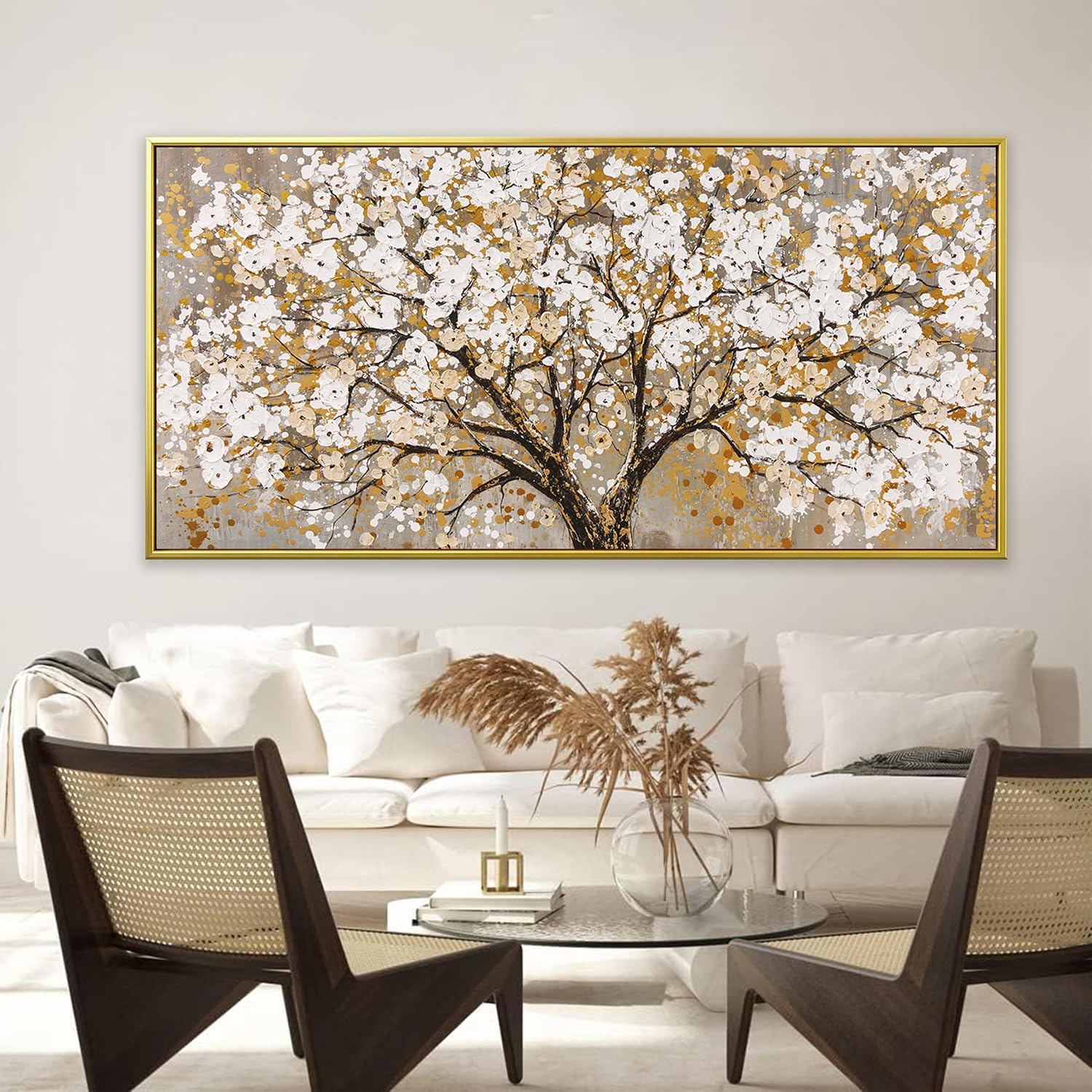 Large Gold Framed Wall Art Print Gold Abstract Tree Of Life Framed Modern Artwork Canvas Painting Gold Tree Pictures Home Decor Ready To Hang For Bedroom Living Room 29' X 58'