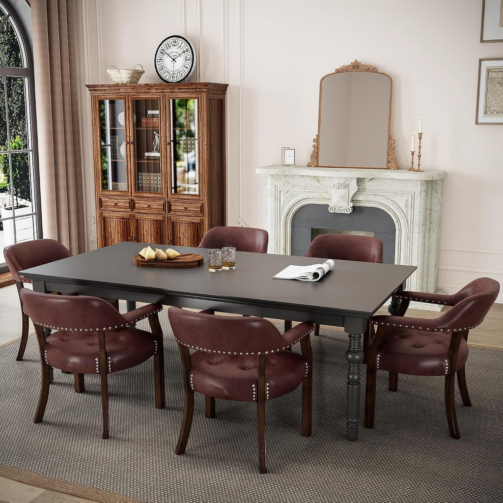 Dining Chairs with Upholstered and Arms,Office Desk Chair with Metal Rivets. PU Boss Captain's Chairs,Classic Accent Stools for Dining Room, Bedroom Brown Legs & Wine Red NX173-318WR
