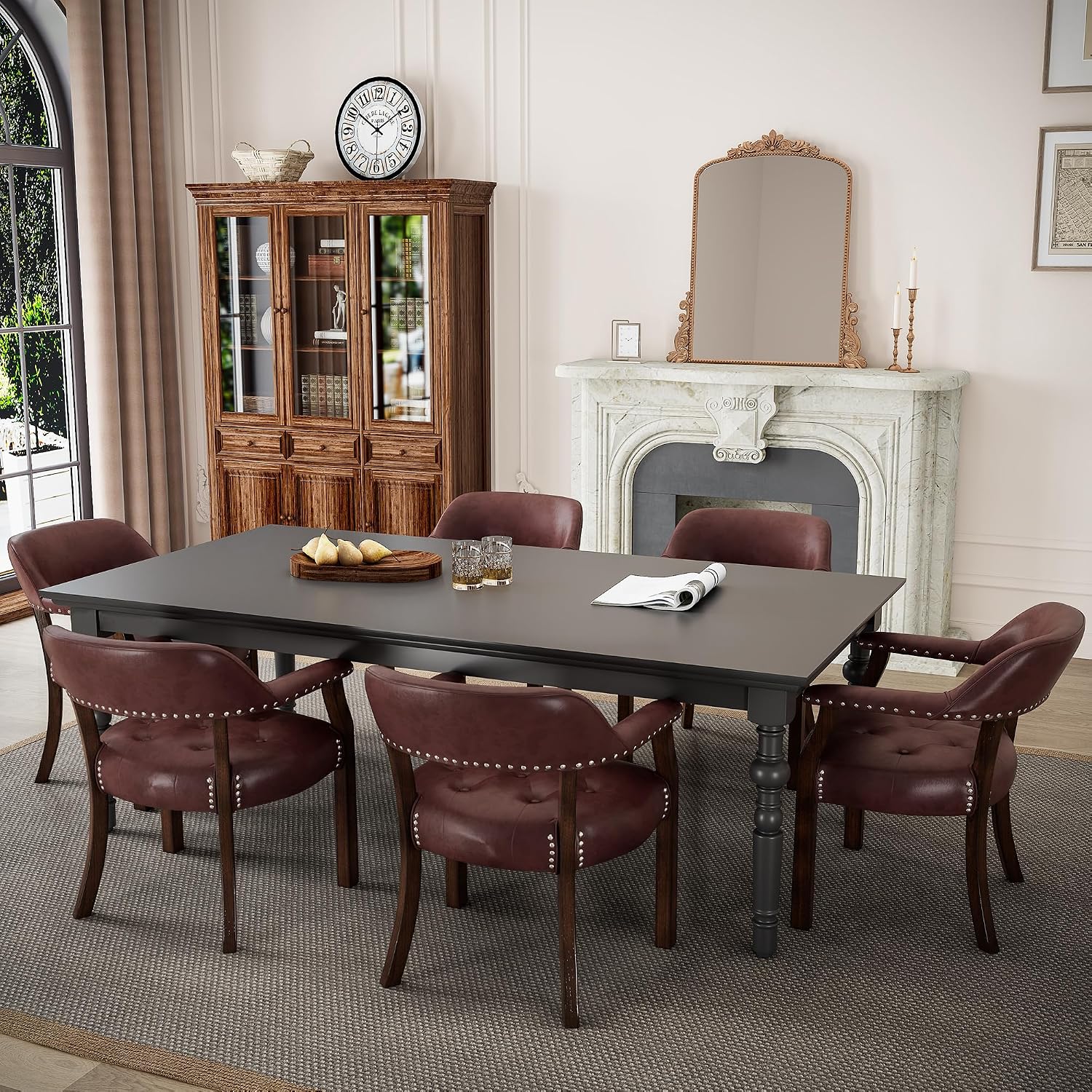 Dining Chairs with Upholstered and Arms,Office Desk Chair with Metal Rivets. PU Boss Captain's Chairs,Classic Accent Stools for Dining Room, Bedroom Brown Legs & Wine Red NX173-318WR