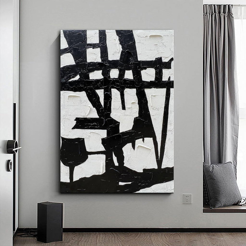NANKAI Hand-Painted Black and White Wall Art Minimalist Black and White Abstract Painting Large Oil on Canvas Texture Wall Art 45x30 inches