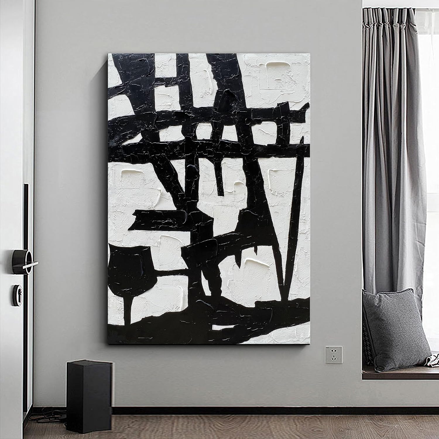 NANKAI Hand-Painted Black and White Wall Art Minimalist Black and White Abstract Painting Large Oil on Canvas Texture Wall Art 45x30 inches
