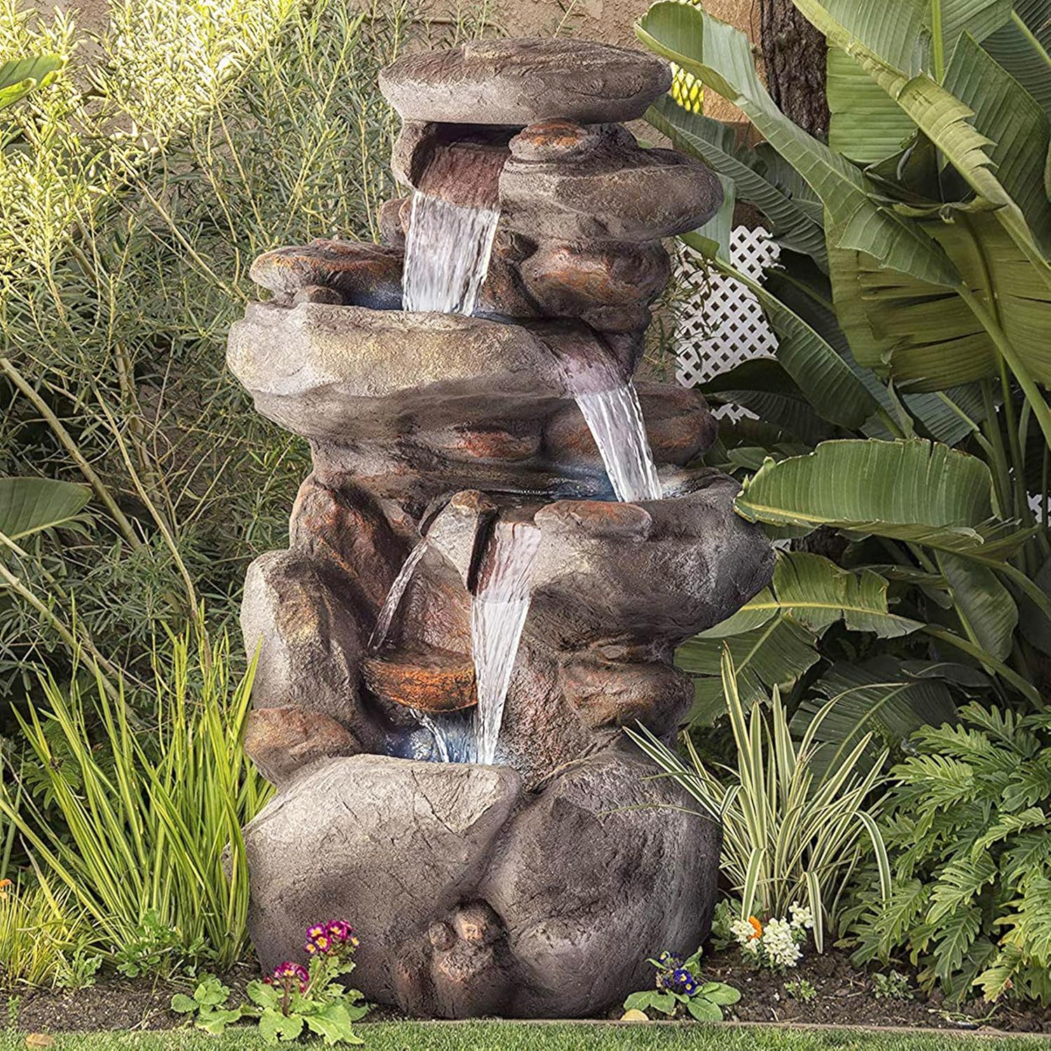 Alpine Corporation | 40' 4-Tier Rock Floor Fountain with Cascading Water & White LED Lights, Tranquil Outdoor Water Feature for Garden, Patio, Yard & Deck, Light Gray