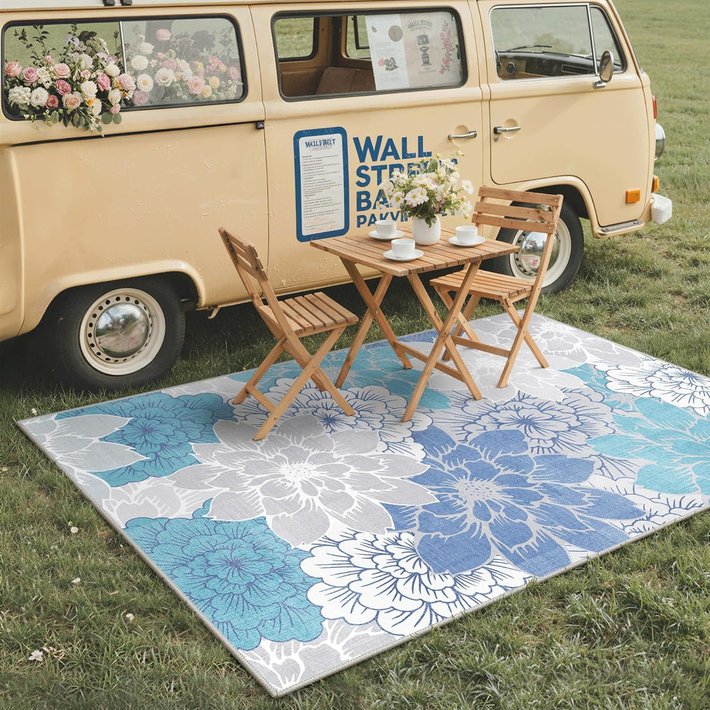 GENIMO Indoor Outdoor Area Rug 8'x10', Machine Washable Rugs for Patio, Waterproof, Non-Slip Easy Cleaning Floral Outdoor Mat Carpet for Living Room, Bedroom, RV, Balcony, Deck, Camping, Light Blue