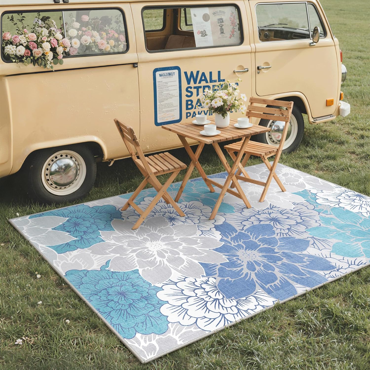 GENIMO Indoor Outdoor Area Rug 8'x10', Machine Washable Rugs for Patio, Waterproof, Non-Slip Easy Cleaning Floral Outdoor Mat Carpet for Living Room, Bedroom, RV, Balcony, Deck, Camping, Light Blue