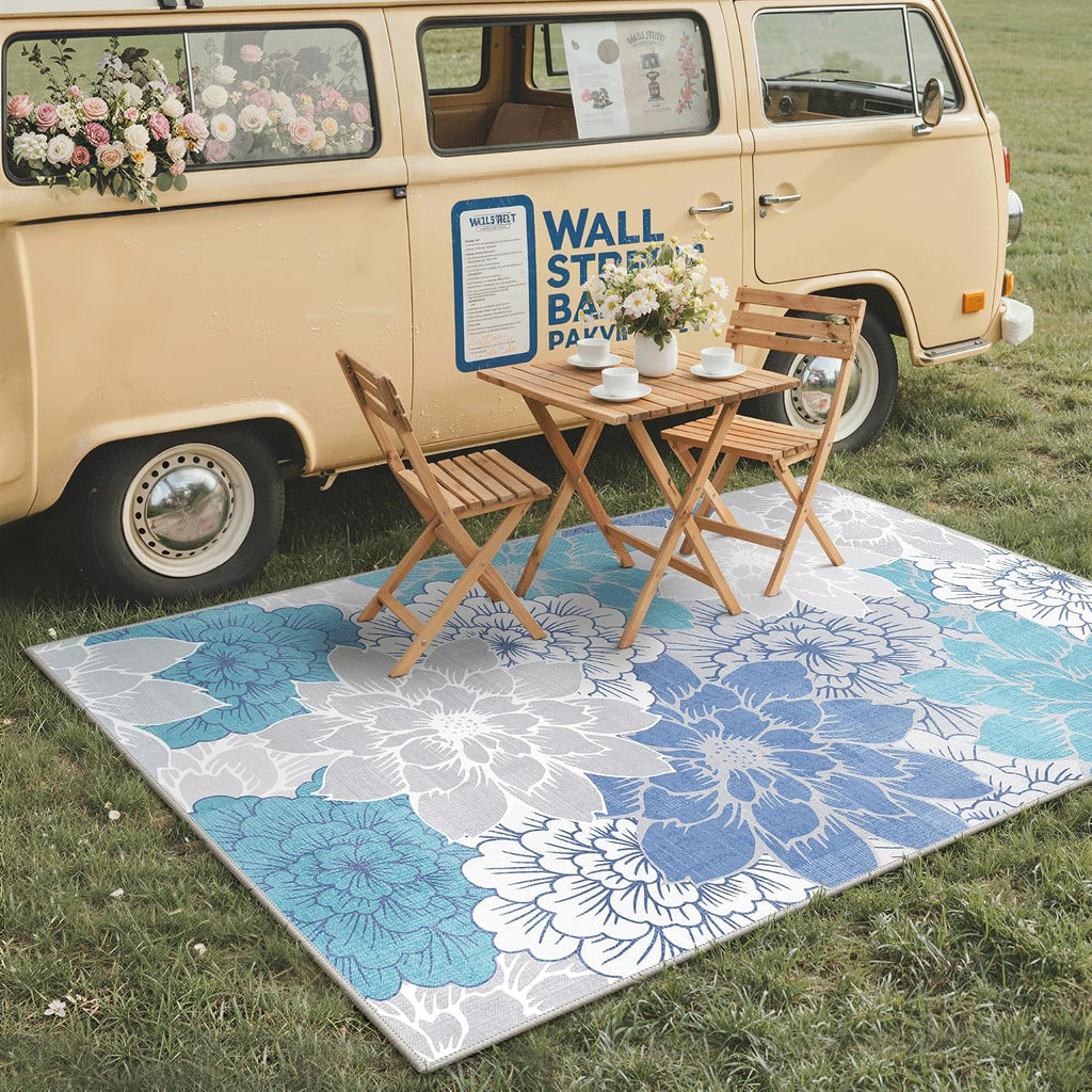 GENIMO Indoor Outdoor Area Rug 9'x12', Machine Washable Rugs for Patio, Waterproof, Non-Slip Easy Cleaning Floral Outdoor Mat Carpet for Living Room, Bedroom, RV, Balcony, Deck, Camping, Light Blue