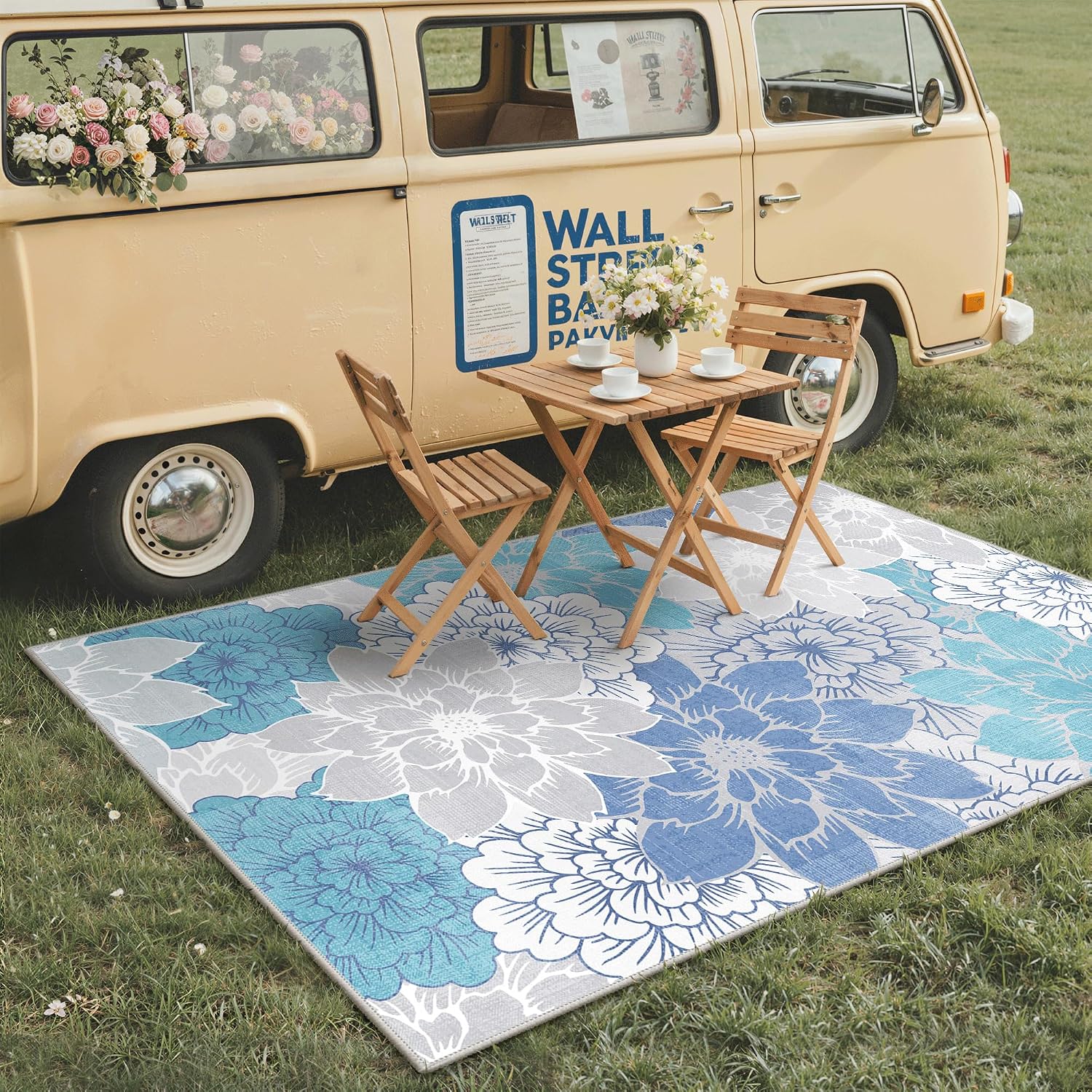 GENIMO Indoor Outdoor Area Rug 9'x12', Machine Washable Rugs for Patio, Waterproof, Non-Slip Easy Cleaning Floral Outdoor Mat Carpet for Living Room, Bedroom, RV, Balcony, Deck, Camping, Light Blue