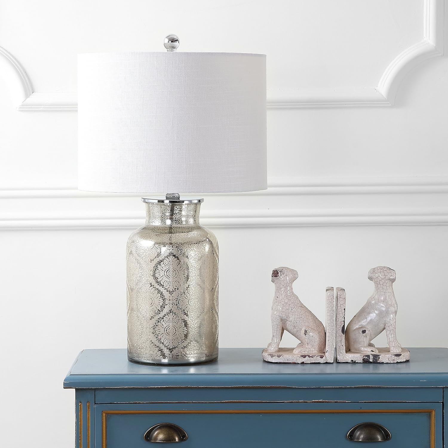 JONATHAN Y 24.5' Mercury Silver Trellis Glass Table Lamp for Living Room, White Linen Shade, Modern Bedside Nightstand Lamp for Bedroom, LED Bulb Included, UL Listed JYL1063A