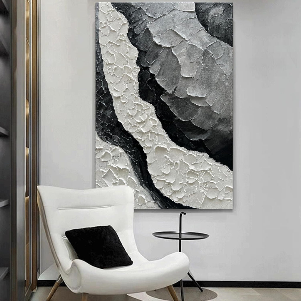 NANKAI Art Hand-Painted Thick Texture Black and White Minimalist Oil Painting 45x30 inch Large Office Corridor Living Room Wall Decorative Art Painting