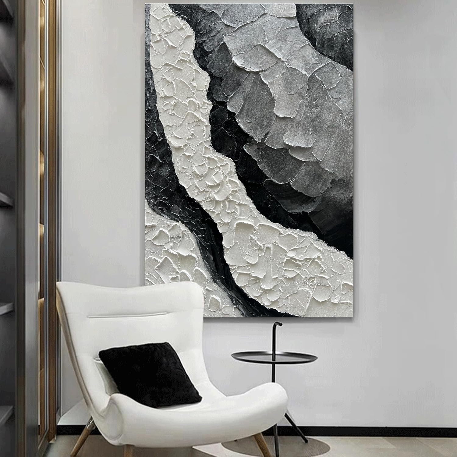 NANKAI Art Hand-Painted Thick Texture Black and White Minimalist Oil Painting 45x30 inch Large Office Corridor Living Room Wall Decorative Art Painting