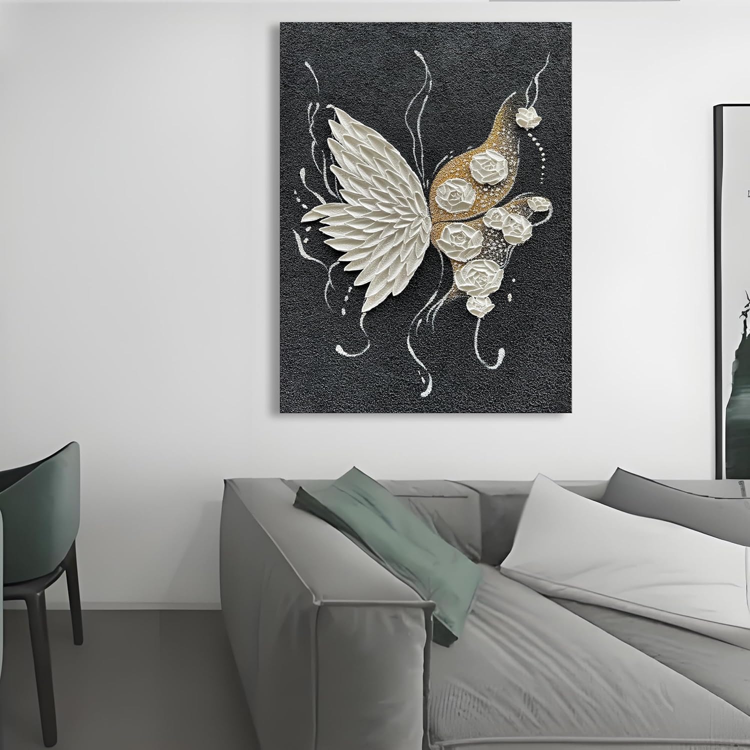 Hand Painted White Butterfly and White Flower Art Painting Modern Black and White Abstract Wall Art Decoration 40x28 Inches