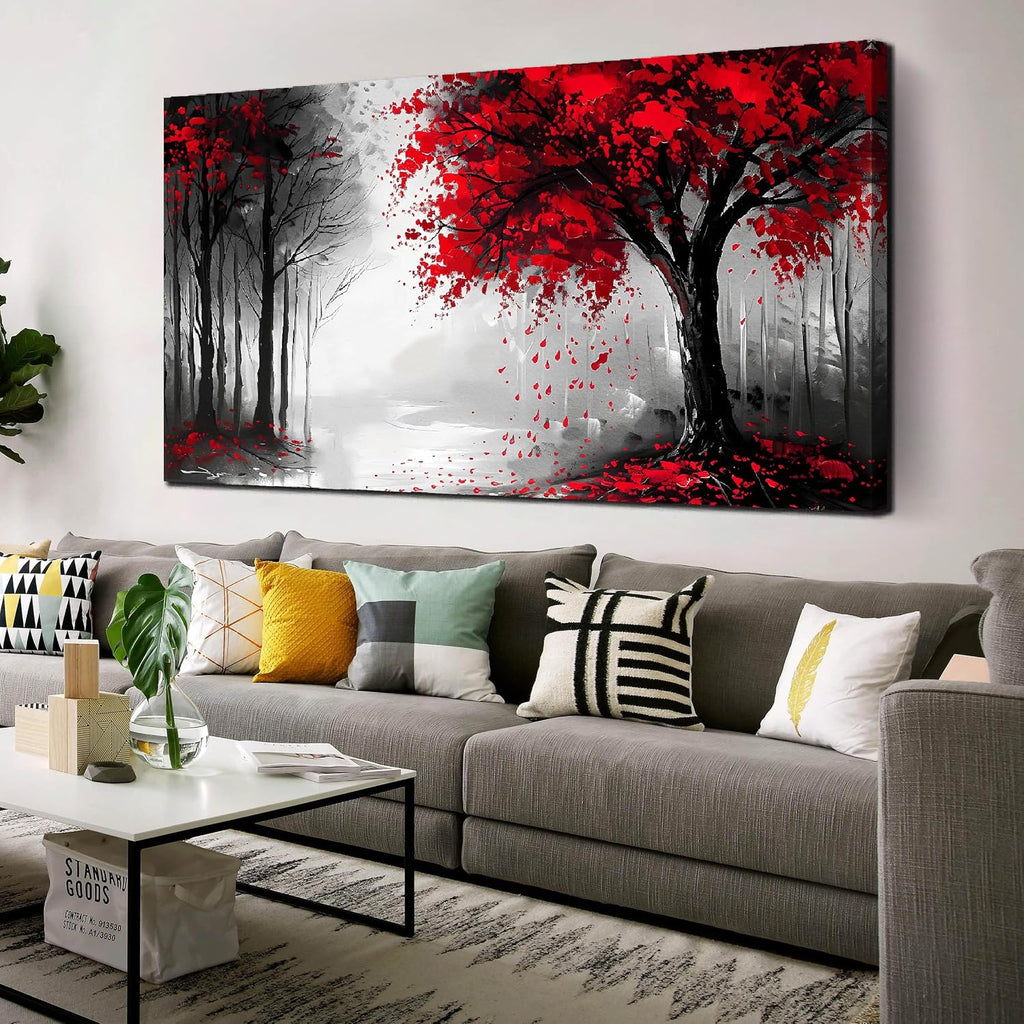 Large Canvas Wall Art for Living Room Black White and Red Forest Print Pictures Painting Framed Wall Decor for Bedroom Modern Home Plant Scenery Wall Decorations Artwork Size 30x60 Ready to Hang