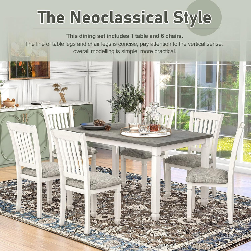 Neoclassical Solid Wood Dining Table Set of 7, Kitchen Dining Room Table Set, 60' Rectangle Dining Room Table with 6 Upholstered Chairs and Shaped Legs, Family Dining Kitchen Set for 6