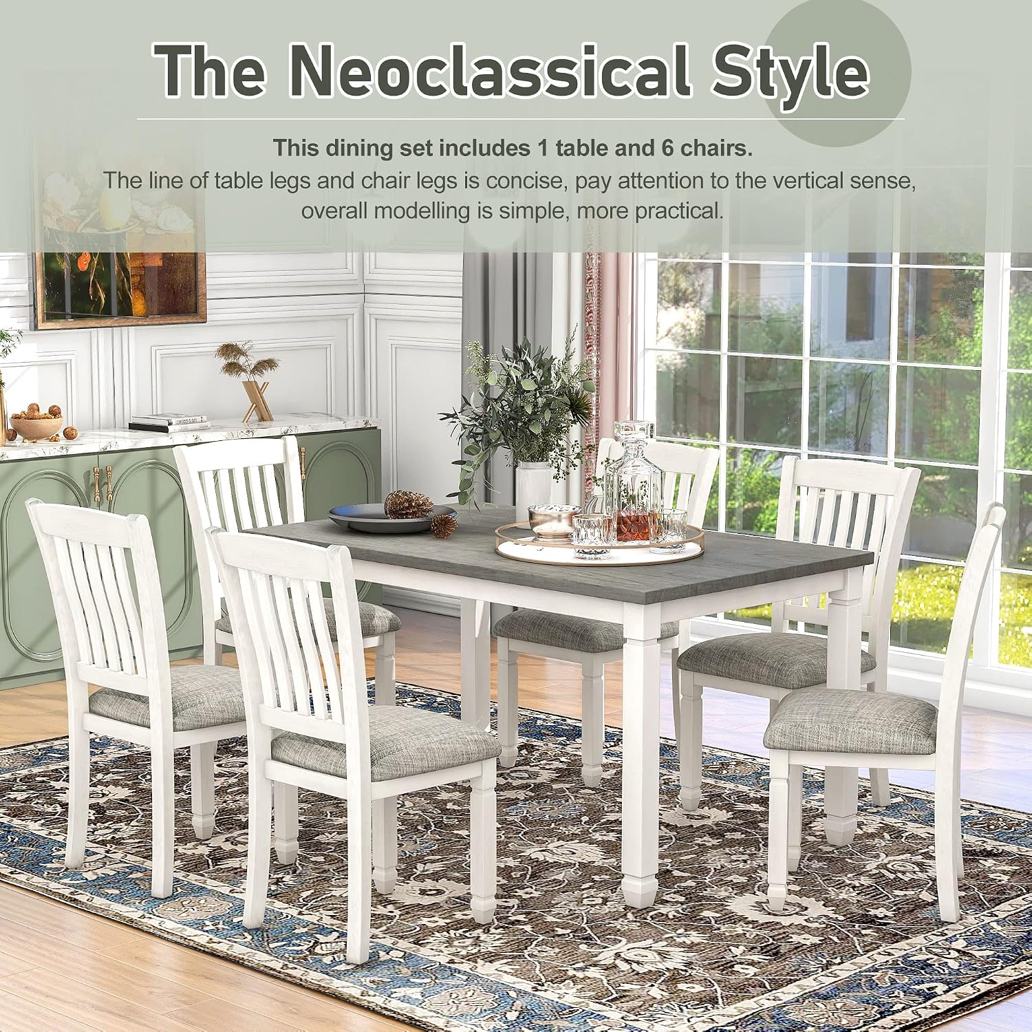 Neoclassical Solid Wood Dining Table Set of 7, Kitchen Dining Room Table Set, 60' Rectangle Dining Room Table with 6 Upholstered Chairs and Shaped Legs, Family Dining Kitchen Set for 6