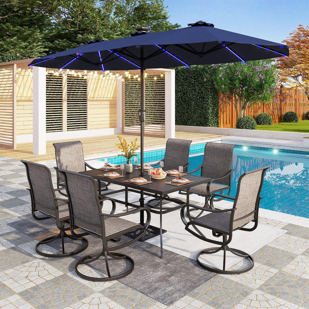 PHI VILLA 13ft Patio Umbrella with Solar-Powered 120 PCS LED Color-Changing Lights, Triple-Head Large Rectangle Umbrella Outdoor Patio for Table with Crank Lift,Navy Blue(No Base)