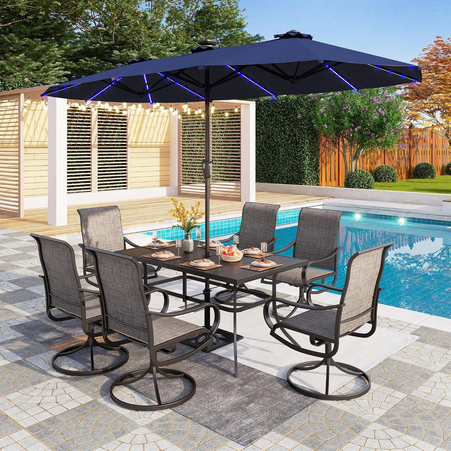 PHI VILLA 13ft Patio Umbrella with Solar-Powered 120 PCS LED Color-Changing Lights, Triple-Head Large Rectangle Umbrella Outdoor Patio for Table with Crank Lift,Navy Blue(No Base)