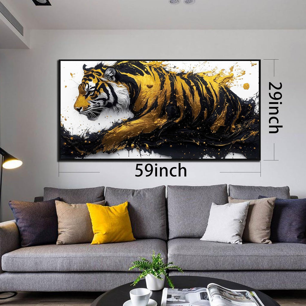 Tiger Art Wall Decor for Living Room - Modern Black and Gold Wall Decor for Bedroom - Large Framed Wall Art for Office Size 29' x 59'