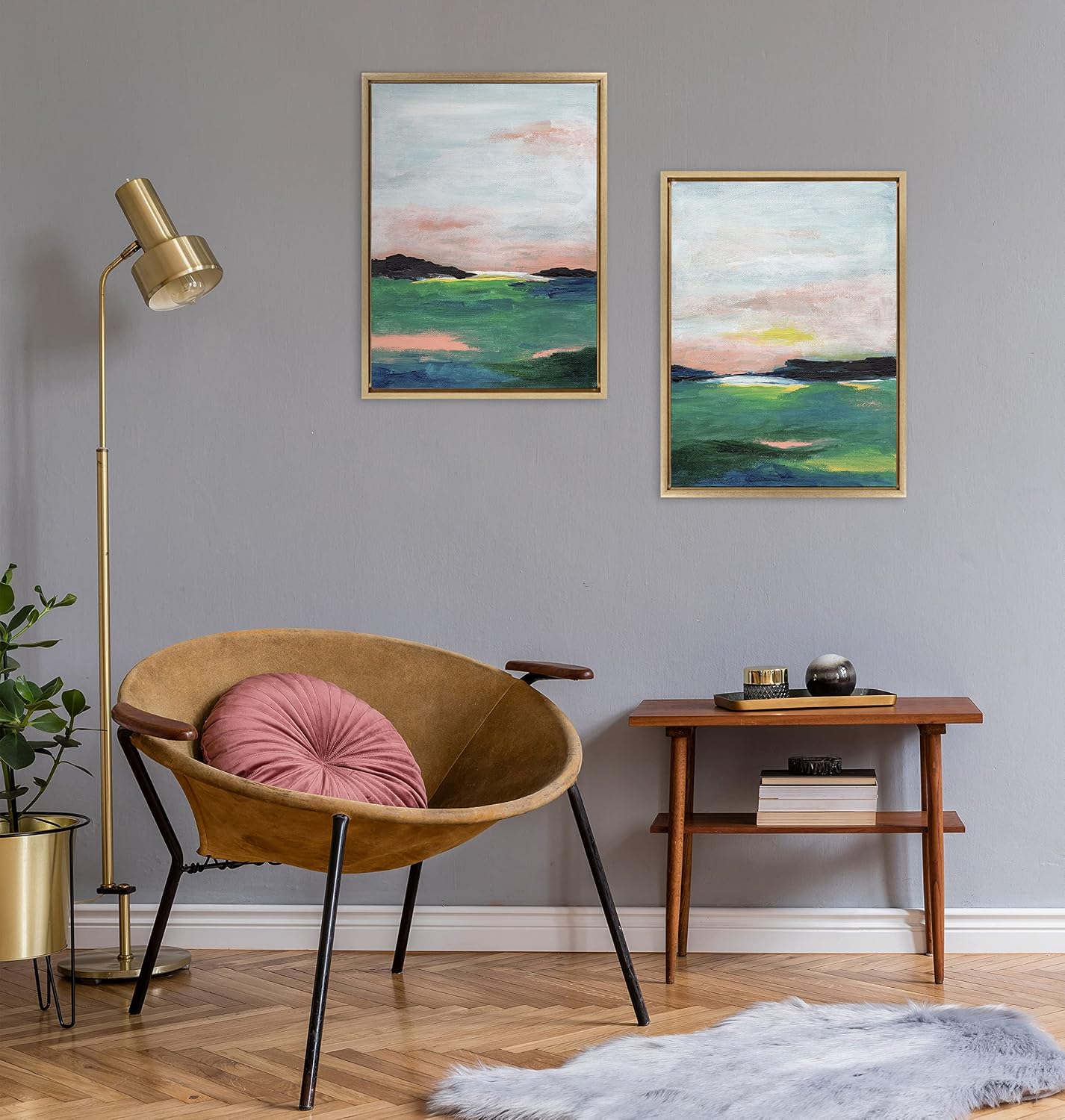 Kate and Laurel Sylvie Golden Peach Coast l and II Framed Canvas Wall Art Set by Nikita Jariwala, 2 Piece Set 18x24 Gold, Soft Abstract Prairie Landscape Art for Wall Decor