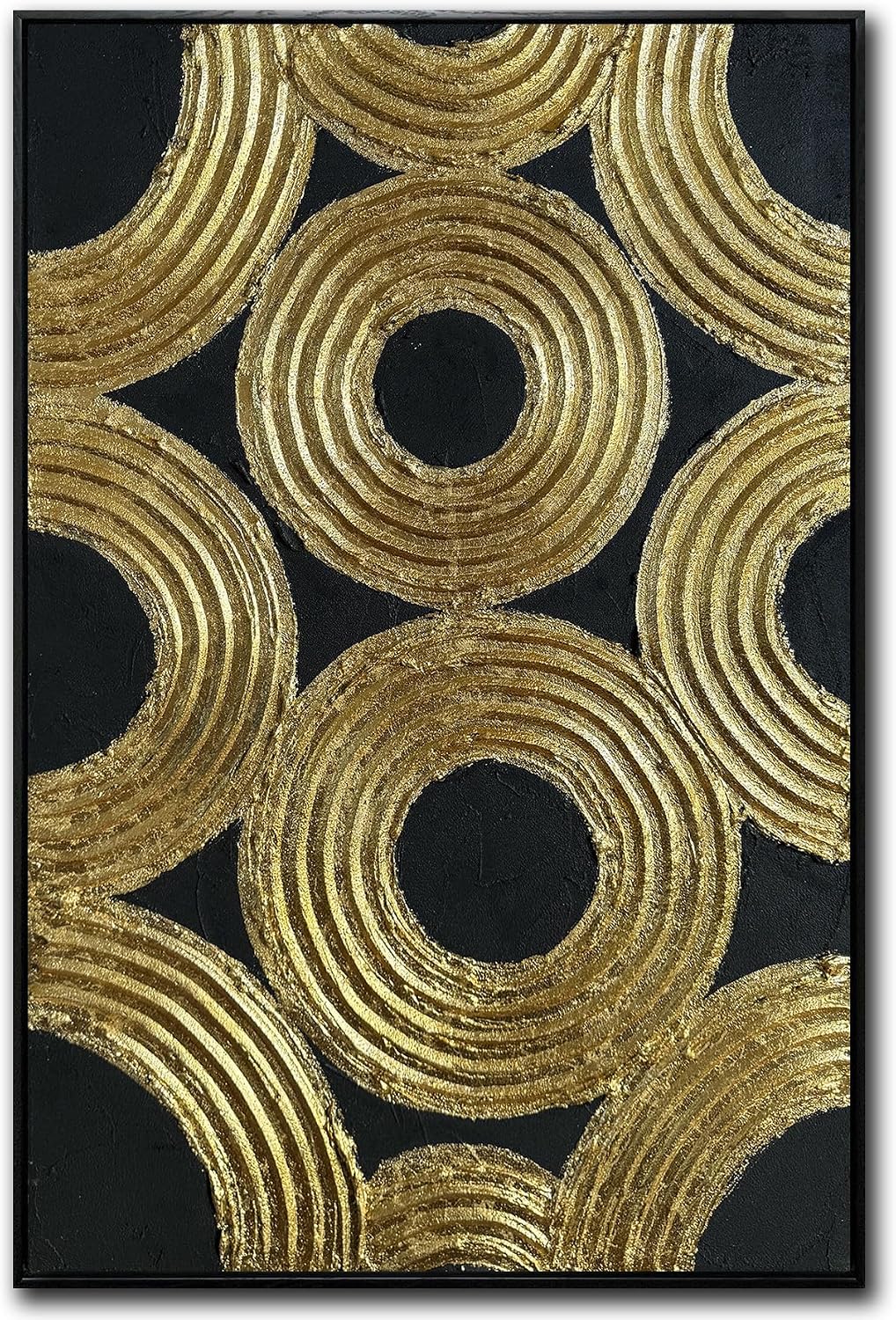 Boiee Art,24x36Inch Hand Painted Abstract Geometric Circle Oil Painting Gloden Textures Black Wall Decor Minimalist Wall Art Framed Acrylic Artwork for Living Room