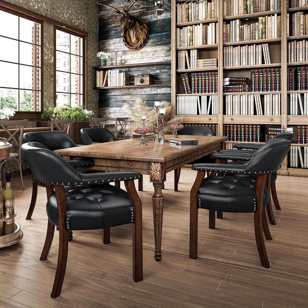 Set of 4 Solid Wood Dining Chairs with Upholstered,Office Desk Chair with Arms. Faux Leather Boss Captain's Chairs,Classic Accent Chairs for Living Room Cherry Walnut Legs & Black NX173D