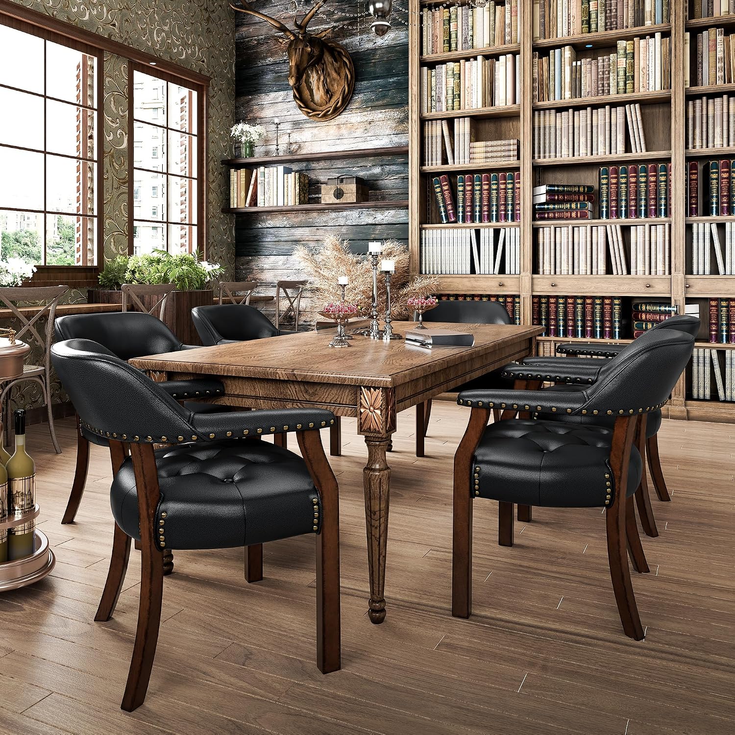 Set of 4 Solid Wood Dining Chairs with Upholstered,Office Desk Chair with Arms. Faux Leather Boss Captain's Chairs,Classic Accent Chairs for Living Room Cherry Walnut Legs & Black NX173D