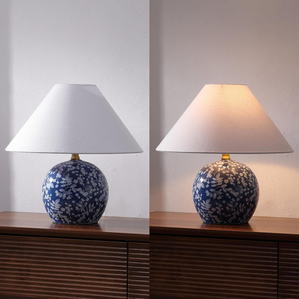 JONATHAN Y 17.25' Blue/White Modern Cottage Floral Ceramic Globe Table Lamp for Bedroom, White Linen Shade, LED Bulb Included, French Country Home Decor JYL5508A