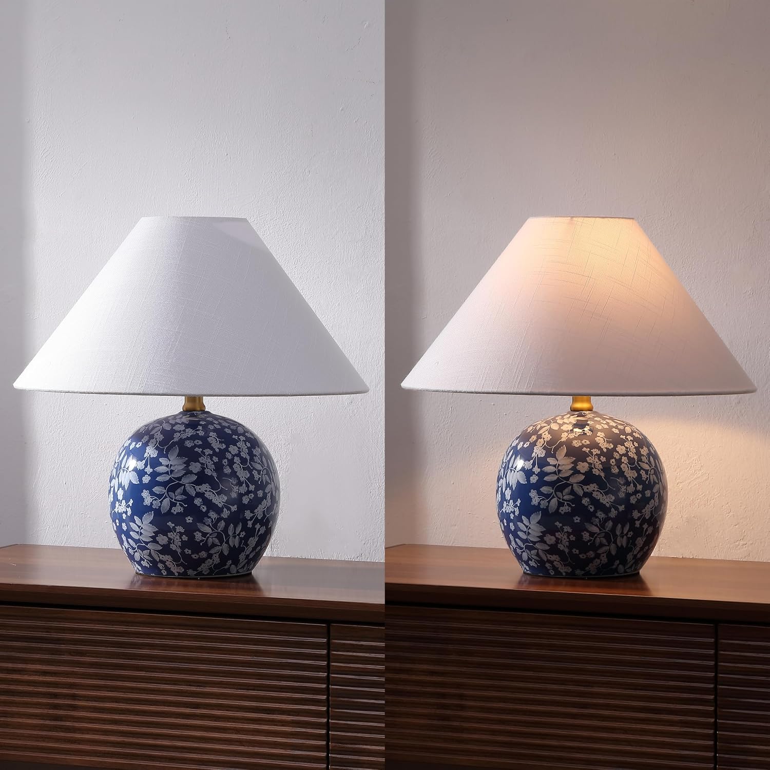 JONATHAN Y 17.25' Blue/White Modern Cottage Floral Ceramic Globe Table Lamp for Bedroom, White Linen Shade, LED Bulb Included, French Country Home Decor JYL5508A