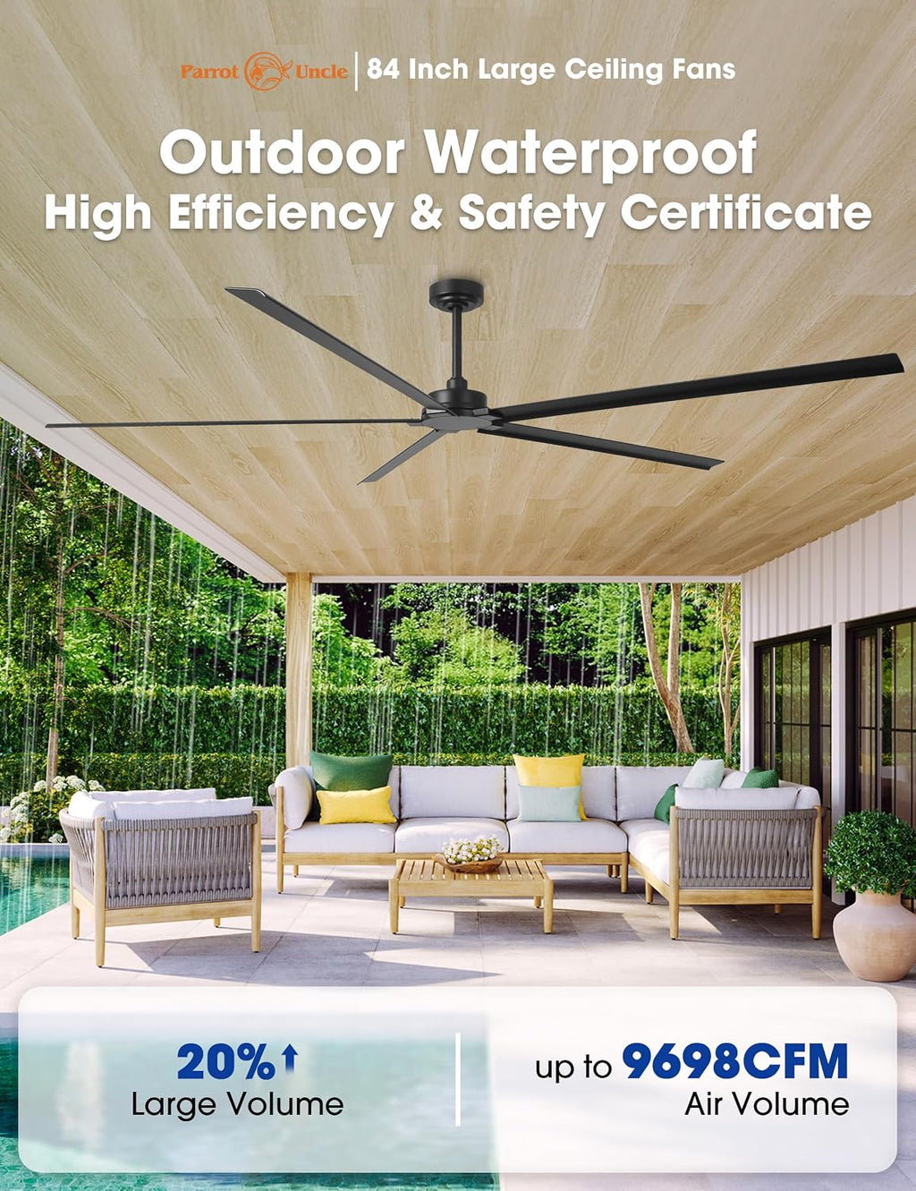 Waterproof Outdoor Ceiling Fans, 84' Industrial Black Ceiling Fans without Lights, Large DC Motor Ceiling Fan No Light with Reversible Aluminum Blade, Wet-rated Fan for Patio Gazebo Porch Living Room