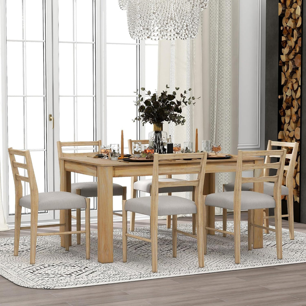 Farmhouse 7-Piece Kitchen Dining Table Set, Solid Wood Rectangle Extendable Table with 12' Leaf and 2 Drawers, 6 Dining Chairs with Soft Cushion, Dining Table Set for 6 Persons (Natural Wash+)