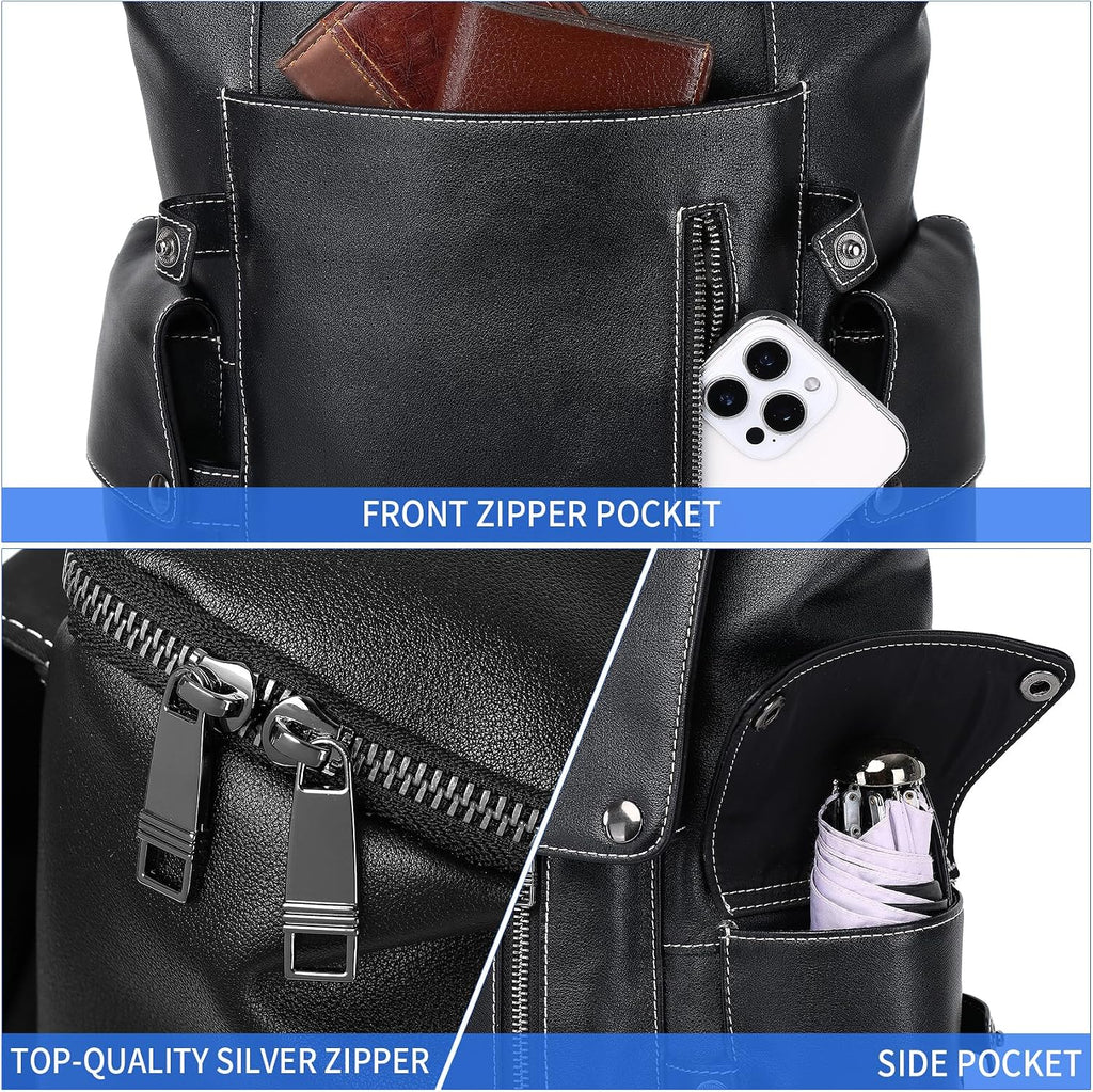 Nappa Genuine Leather Backpack for Men Multi-Functional 15' Laptop Backpack, Black Business Casual Travel Backpack Work Daypack