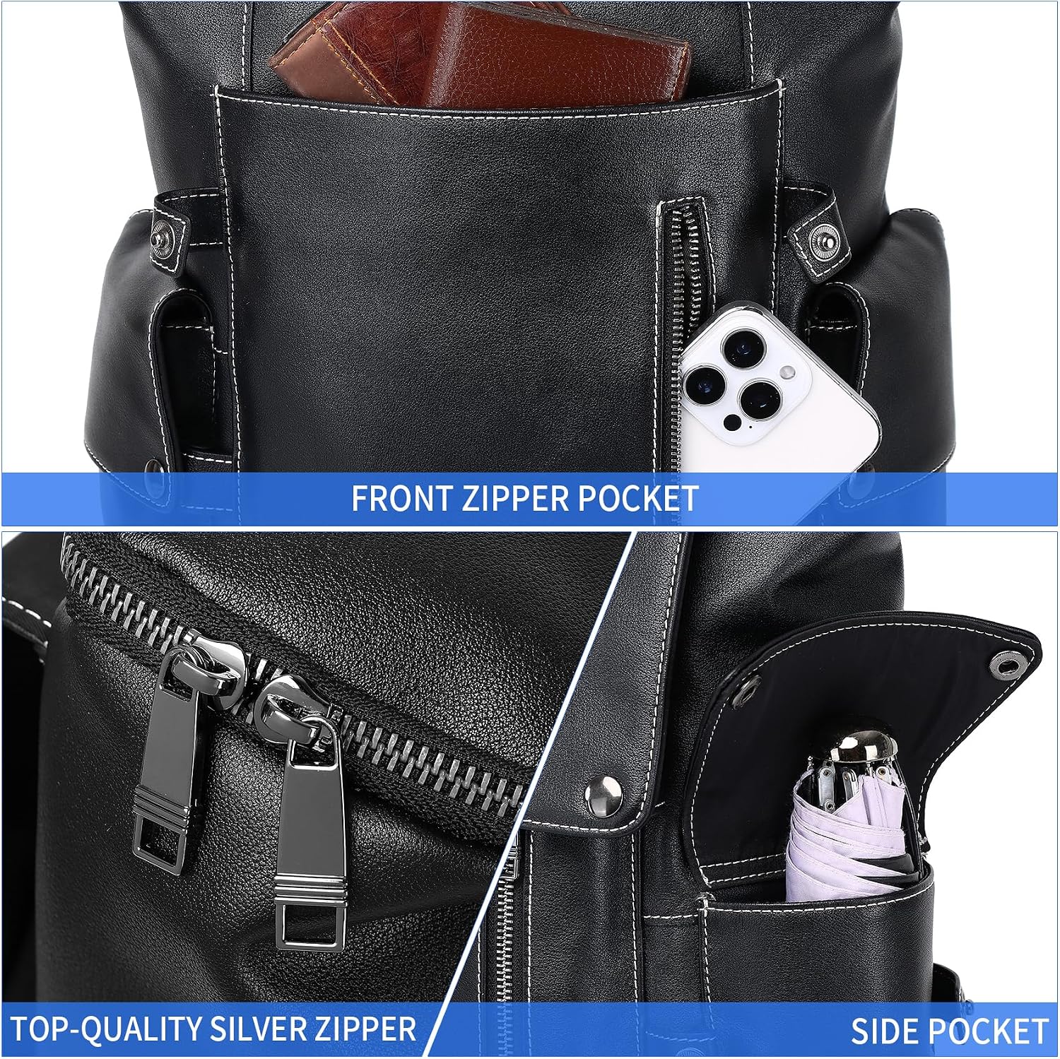 Nappa Genuine Leather Backpack for Men Multi-Functional 15' Laptop Backpack, Black Business Casual Travel Backpack Work Daypack