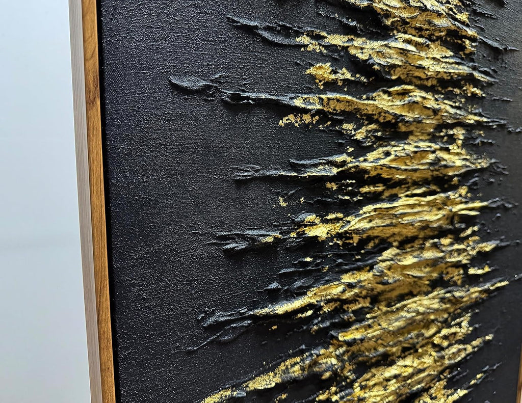 Boiee Art,24x36Inch Handmade Golden Textured Acrylic Canvas Wall Art Modern Black Decorative Paintings Abstract Framed Artwork