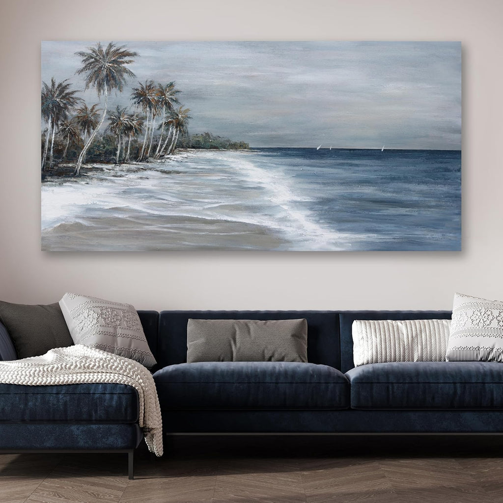 Coastal Wall Art Blue Gray Beach Wall Decor Landscape Abstract Canvas Painting Modern Ocean Artwork Framed for Living Room Bedroom Bathroom Office Decor 58'x29'Can Be Hung Directly