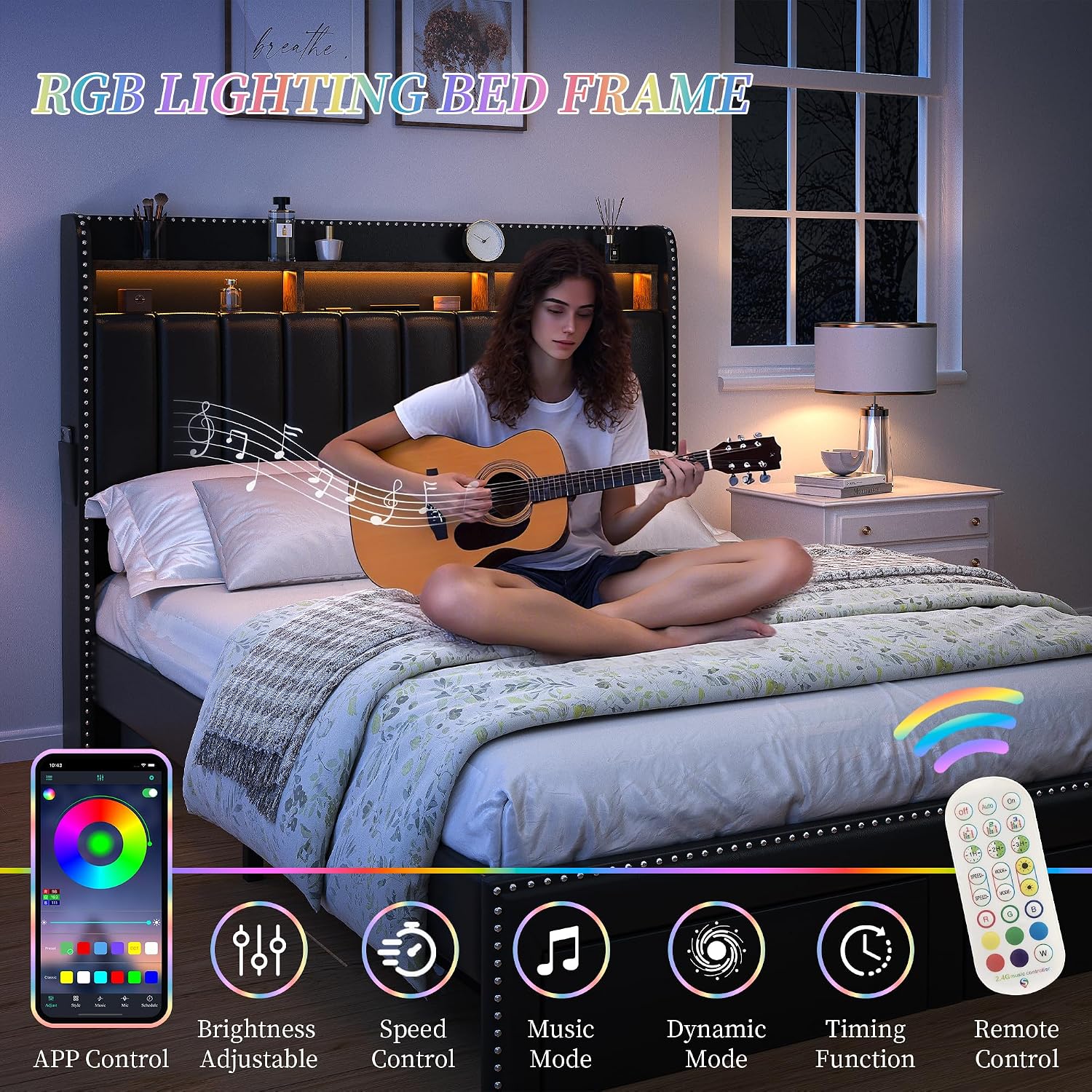 SIBEDS Full LED Bed Frame with Headboard, PU Leather Upholstered Platform Bed with 2 Tier Storage and 2 Zippered Fabric Drawers, Channel Tufted Bedframe with Rivet Decor, No Box Spring Needed, Black
