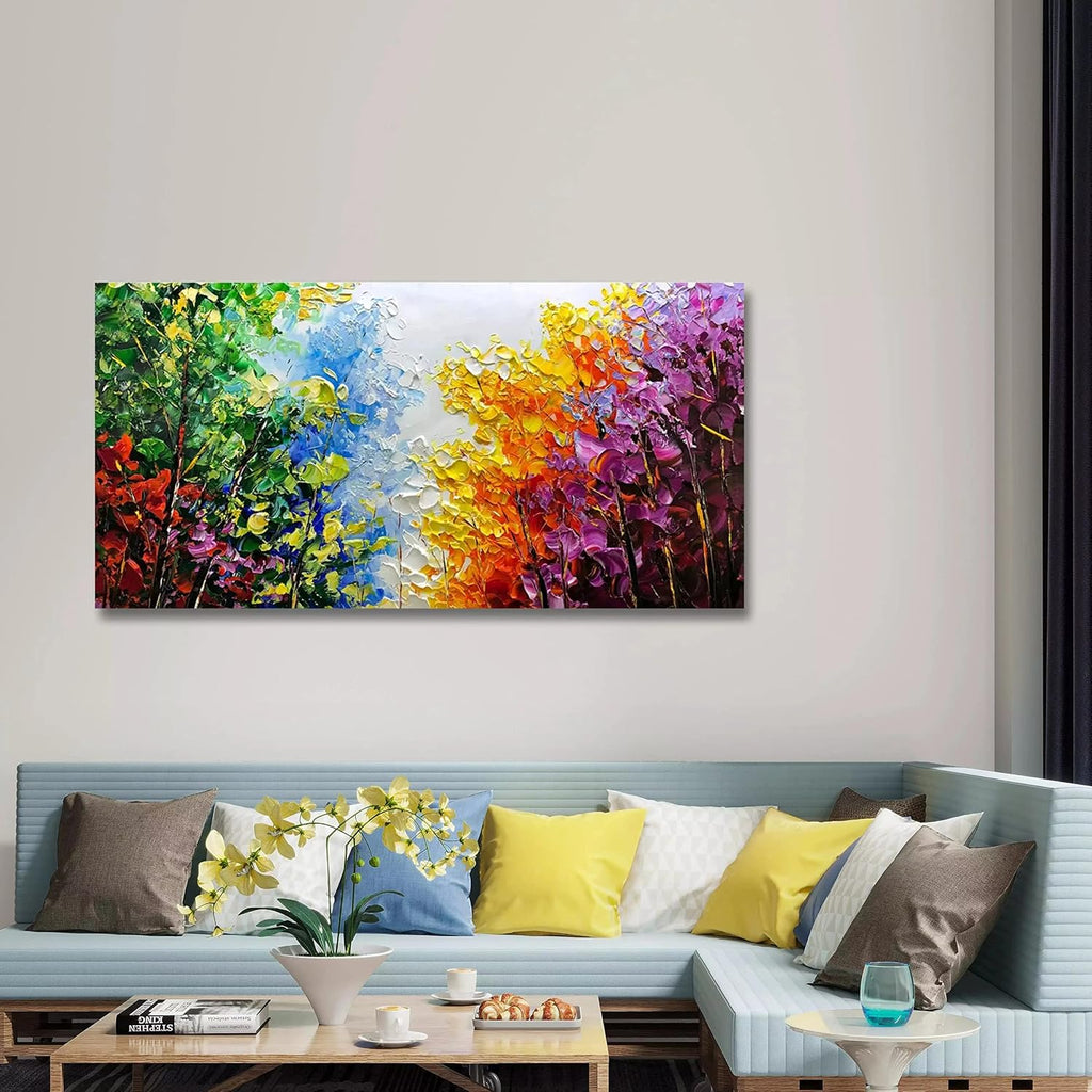 V-inspire Art, 30x60 inch Modern Abstract Oil Painting on Canvas Wall Art Hand Painting Bright-Coloured Tree Art Living Room Bedroom Decoration Ready to Hang