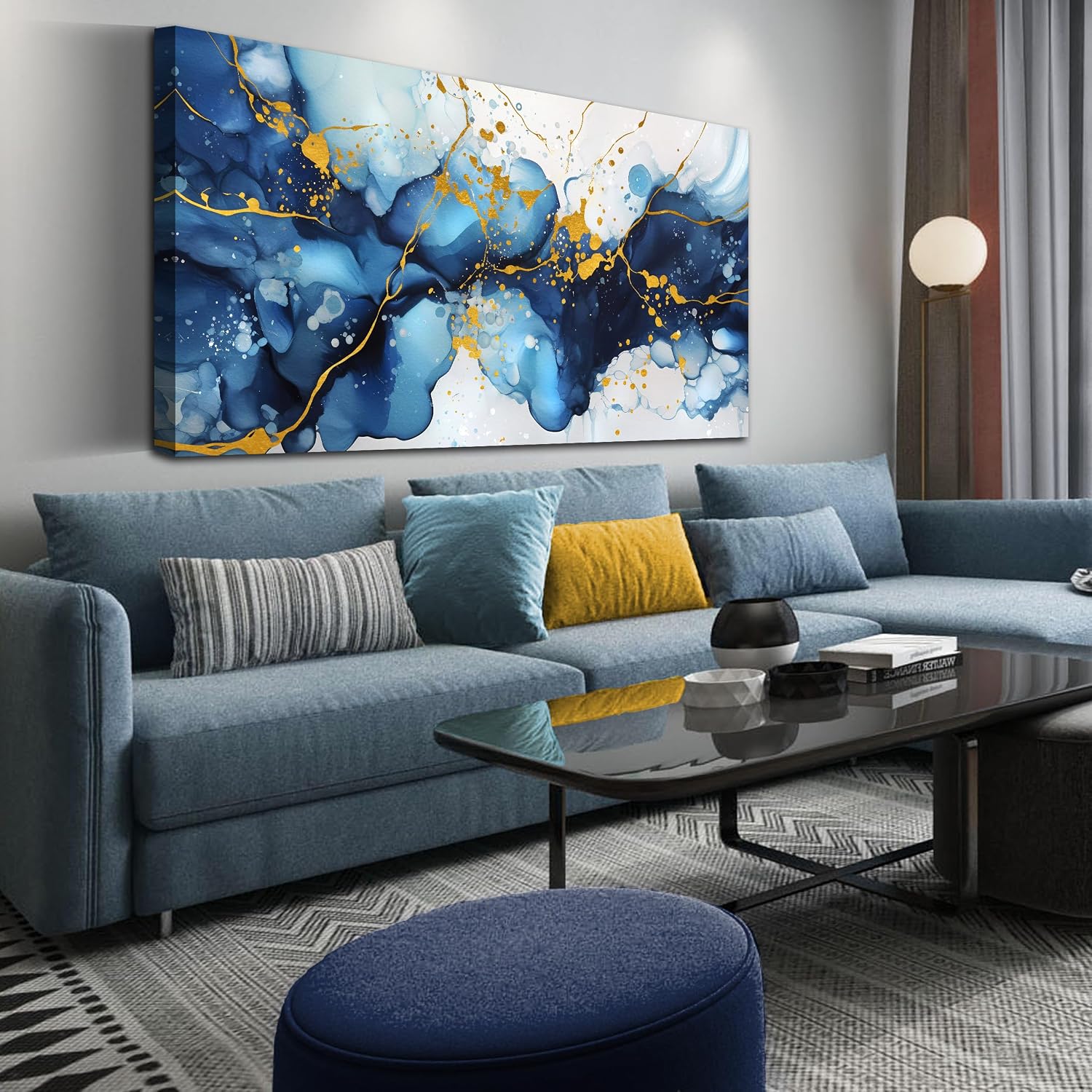 Abstract Canvas Wall Art for Office - Blue Pictures Wall Decor - Large Wall Painting for Living Room Ready to Hang Size 29' x 59'