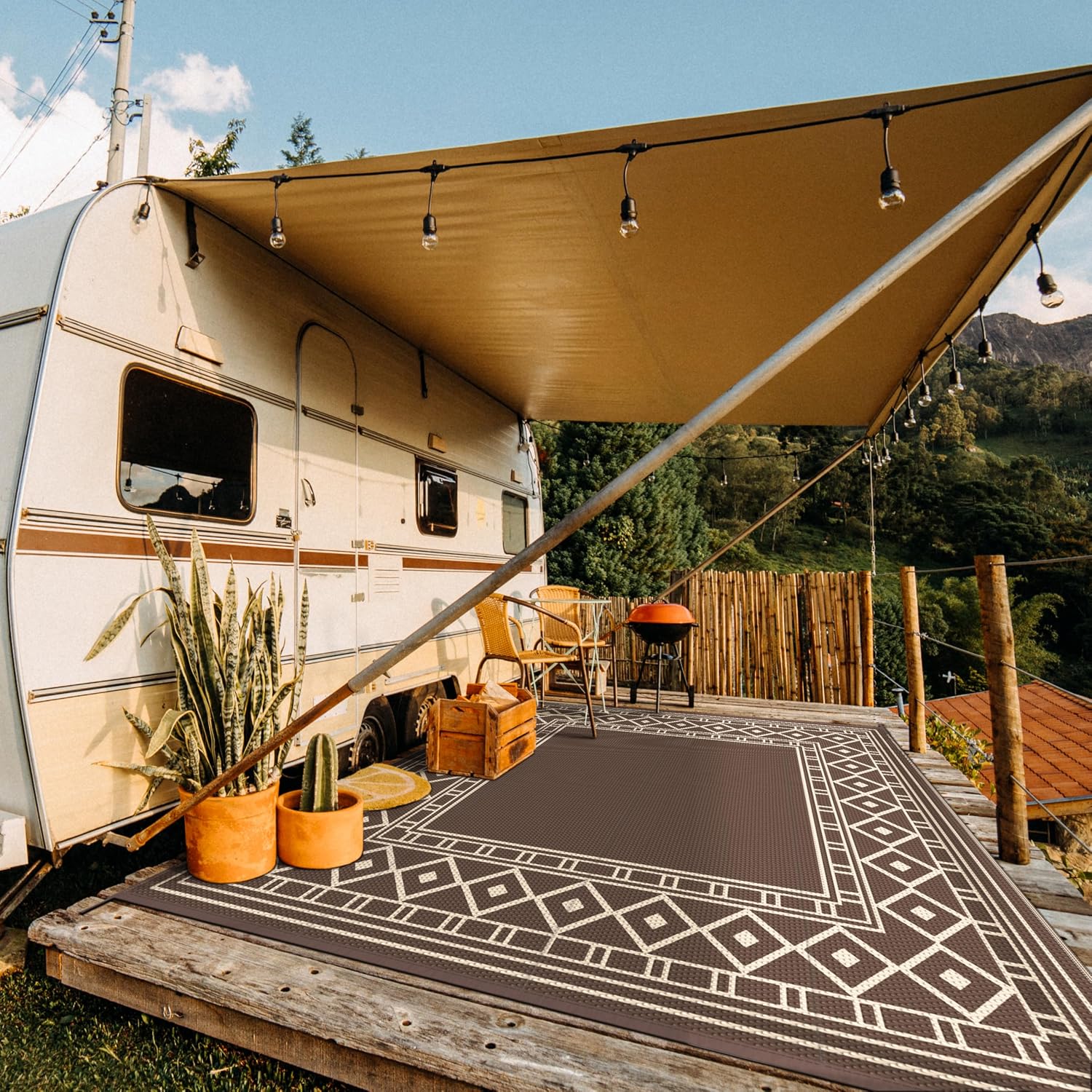 GENIMO Outdoor Rug Waterproof for Patio Decor, 10'x10' Foldable Reversible Plastic Straw Carpet, Outside Area Mat for Rv, Deck, Picnic, Porch, Camper, Balcony, Beach, Coffee & Beige