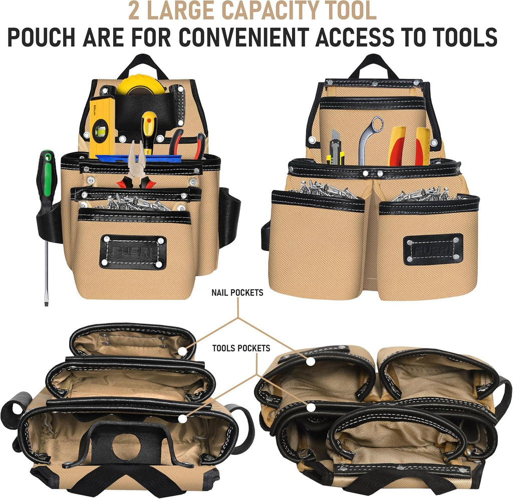 FUERI Electrician's Heavy Duty 26 Pocket Leather-Nylon Tool Belt & Bag Combo for Men, Comfort Back Support Padded Belt, 2 Large Storage Capacity Pouches, Best for Framers, Carpenter, Roofing
