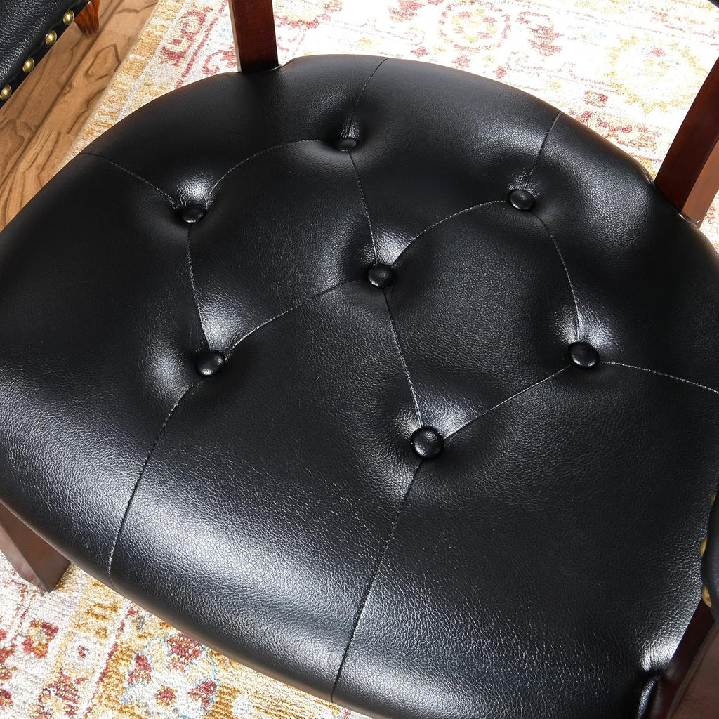 Large Dining Chairs with Upholstered and Arm,Solid Wood Wide Office Desk Chair Stool. Faux Leather Boss Captain's Chairs,Classic Accent Chairs for Kitchen, Cherry Walnut Legs & Black NX173D