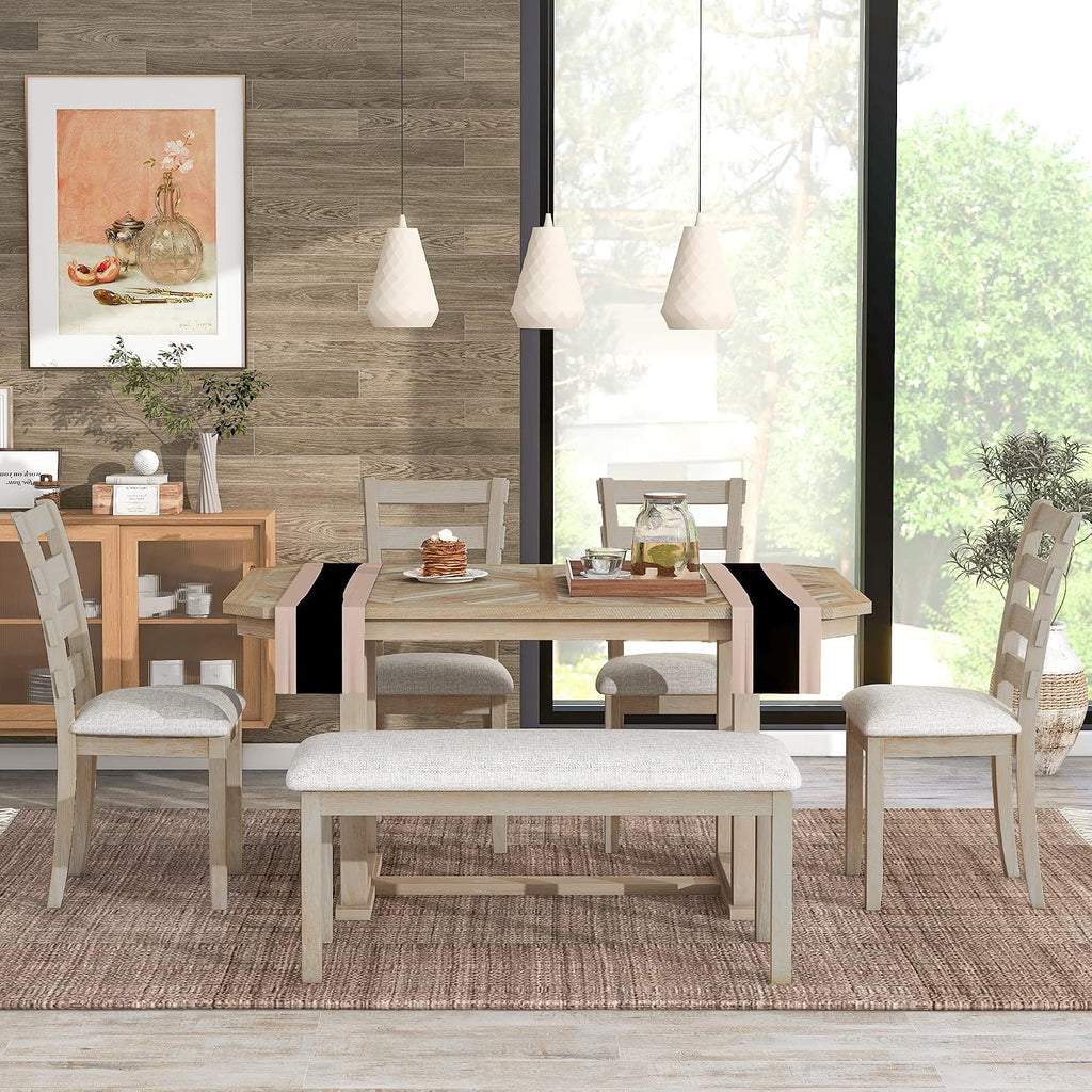 Solid Wood 6-Piece Dining Room Table Set with Beautiful Wood Grain Pattern Tabletop, Rustic Style Kitchen Dining Table Set with 4 Padded Ergonomic Chairs & a Bench (Natural Wash-Grain)
